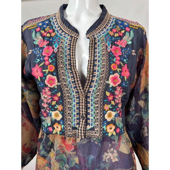 Johnny Was Embroidered Floral Tunic Top With 3/4 Sleeves & Mandarin Collar In Sh - Picture 2 of 16